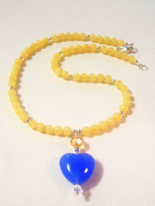 455n - 17 inch handcrafted necklace, blue heart pendant aragonite beads