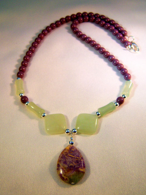 501n - 18 inch handcrafted necklace, teardrop pendant, lilac opaque and sea-grass green glass